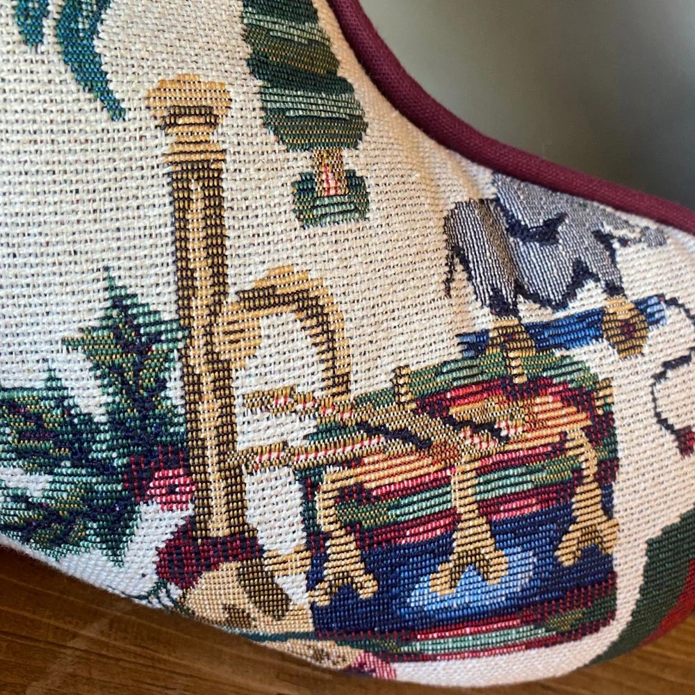 Vintage Christmas Stocking Tapestry Pillow Nutcracker Teddy Bear Burgundy Back‎